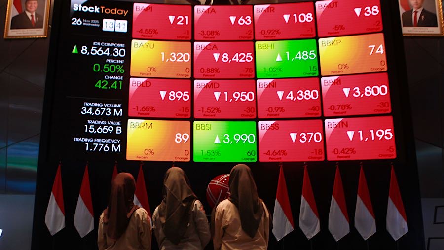 Siswa di depan layar indeks harga saham gabungan (IHSG) di Bursa Efek Indonesia (BEI), Rabu (26/11/2025). (Bloomberg Technoz/Andrean Kristianto)