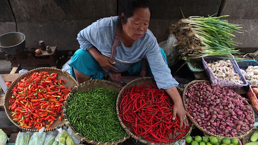 Pedagang merapihkan cabai kerting yang ia jual di Pasar Minggu, Kamis (18/12/2025). (Bloomberg Technoz/ Andrean Kristianto)