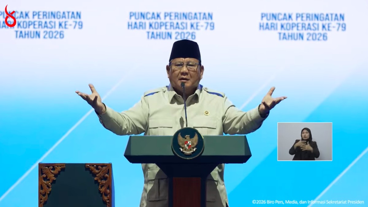 Foto: Presiden Prabowo Subianto saat menyampaikan sambutan dalam Puncak Peringatan Hari Koperasi ke-79 Tahun 2026, Jakarta, Minggu (12/7/2026). (Tangkapan Layar Youtube/Sekretariat Presiden)